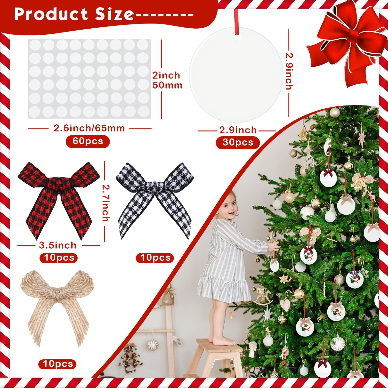 Geosar Set di 63 ornamenti da appendere all'albero di Natale fai da te, 30 pezzi da 7,1 cm, ornamenti in ceramica vuoti e 30 mini fiocchi natalizi, 3 fogli di colla per albero (stile rotondo)