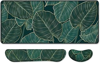 Auhoahsil Large Mouse Pad with Wrist Support Set of 3, Memory Foam Keyboard Rest + XXL Extended Gaming Pad, Ergonomic Desk for Women Men, Teal Beach Palm Tree Leaves, XX-Large