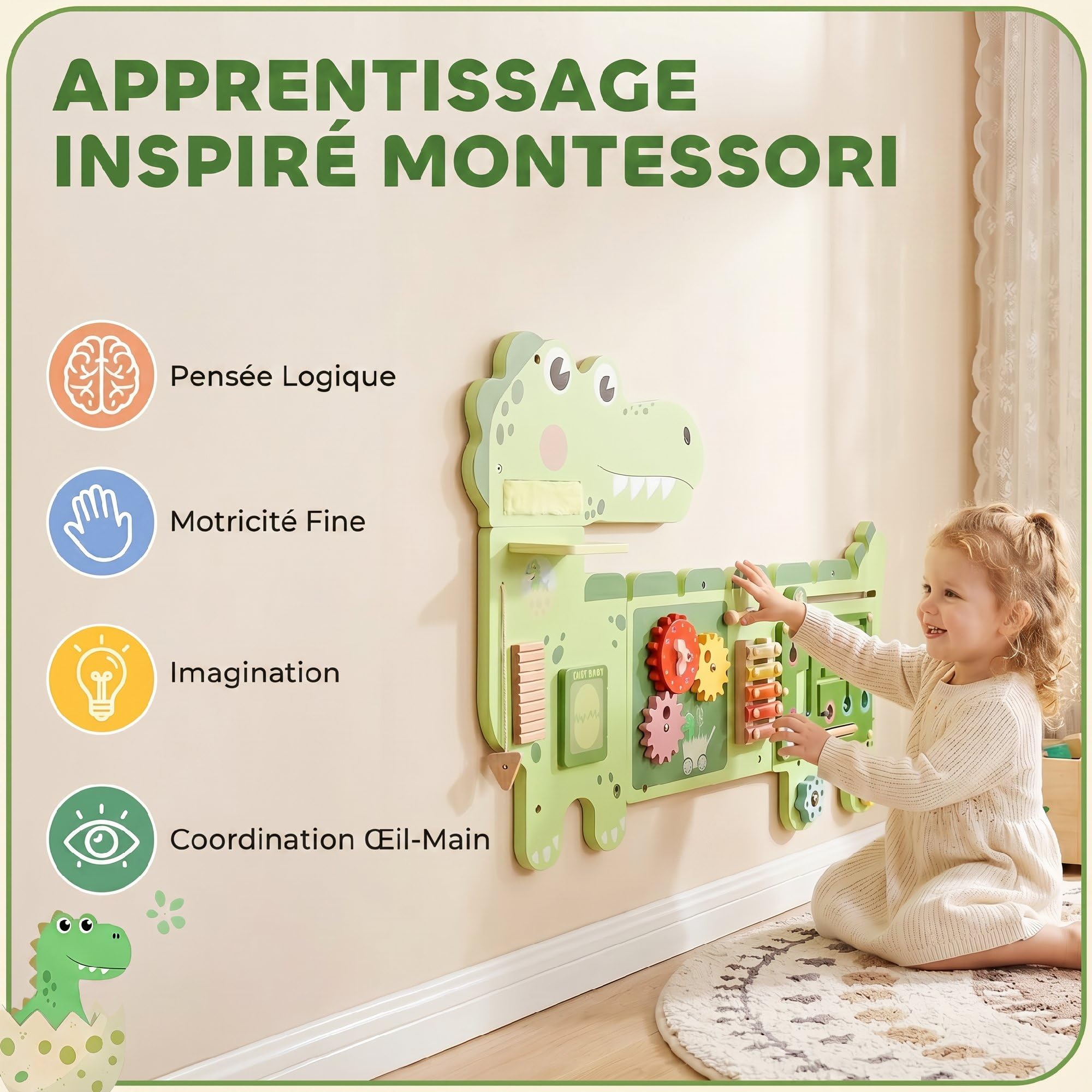AIYAPLAY Busy Board Jouet Tableau d'Activités Dinosaure 2+ Ans Vert