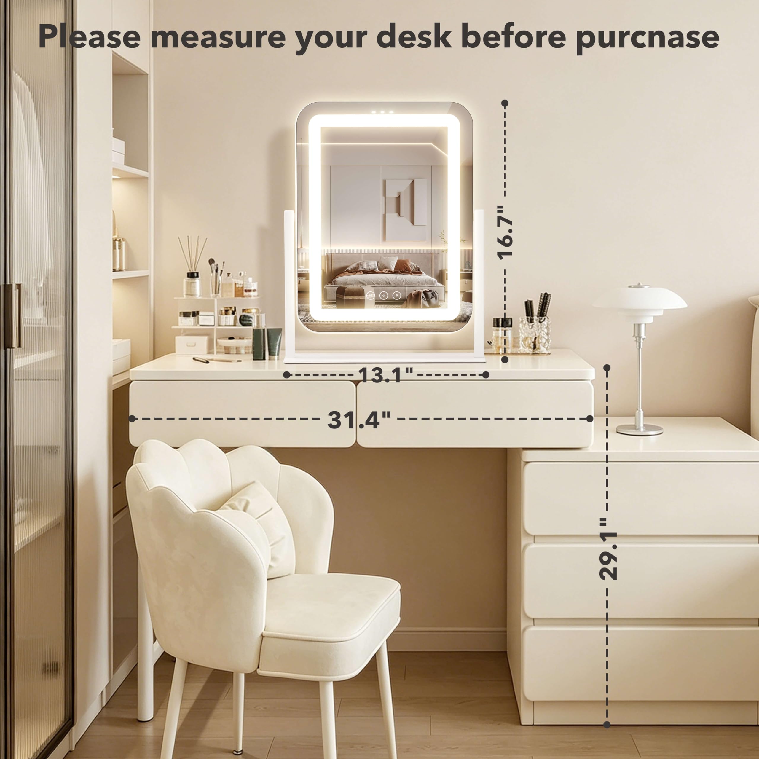 Miroir de courtoisie avec lumières, miroir de maquillage LED de 33 x 42 cm, miroir de maquillage éclairé avec lumières, contrôle tactile intelligent à intensité variable, 3 modes, miroir éclairé pour