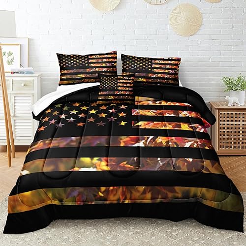 Miniatura 1 de Juego de ropa de cama con la bandera estadounidense, juego de edredón de camuflaje rústico con hojas de árbol de arce y camuflaje para niños,