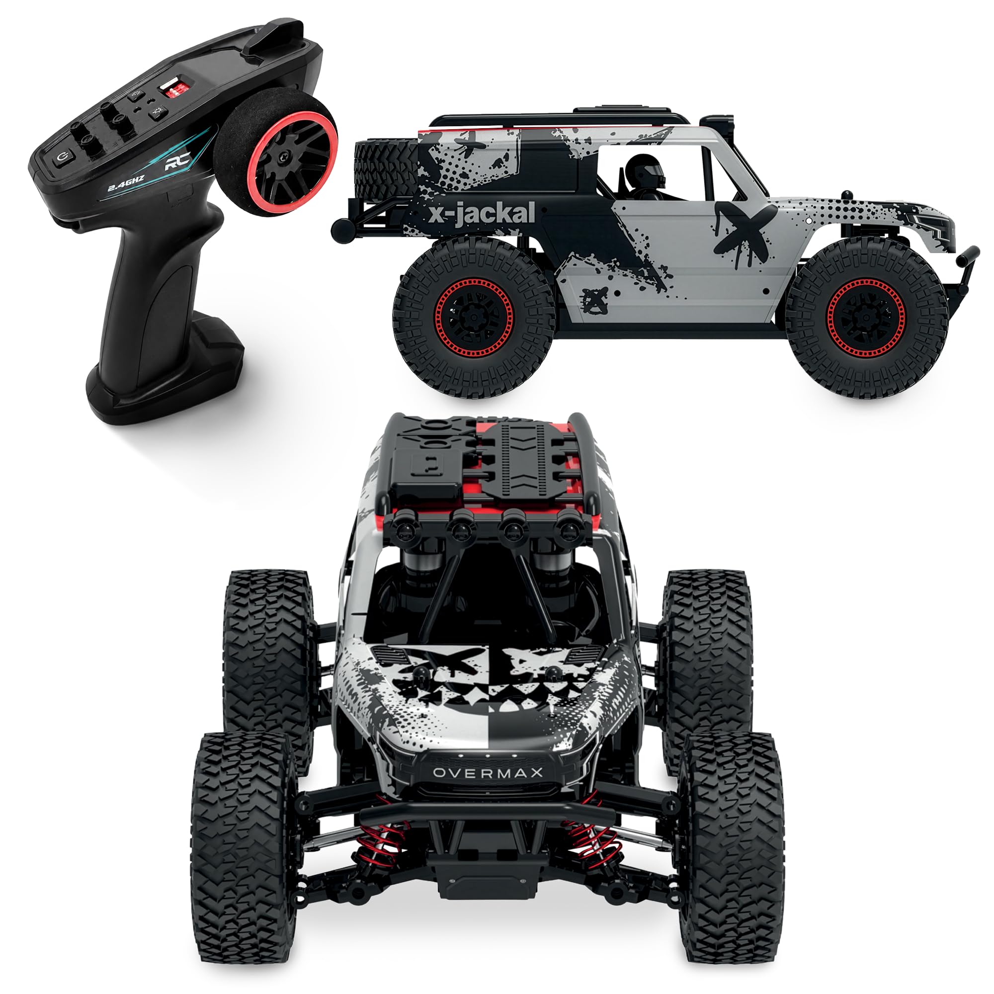 Overmax X-Jackal Ferngesteuertes RC-Auto 4WD, 30 km/h, Maßstab 1:20, 14+ | 370er Bürstenmotor, Proportionale Steuerung, 80 m Reichweite, Einzelradfederung, LEDs in 5 Farben, Li-Ion-Akku, ab 14 Jahren