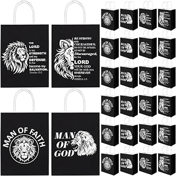 ForraFun 24 Pcs Christian Gifts Bags for Men Lion Religious Paper Bags | 6 x 3 x 8.3 Inch Lion Scripture Prints Bags, for Fathers Day, church Events, Christmas, and Birthday Party Favor Packaging
