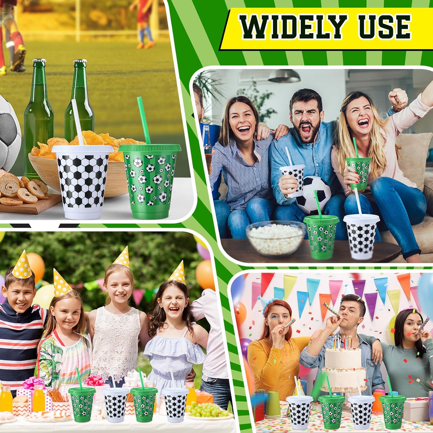 Sieral 30 Pcs Soccer Cups with Straws and Lids 16 oz Football Cups White Green Plastic Tumblers Reusable Iced Coffee Travel Mug for Sport Theme Party Supplies Decorations