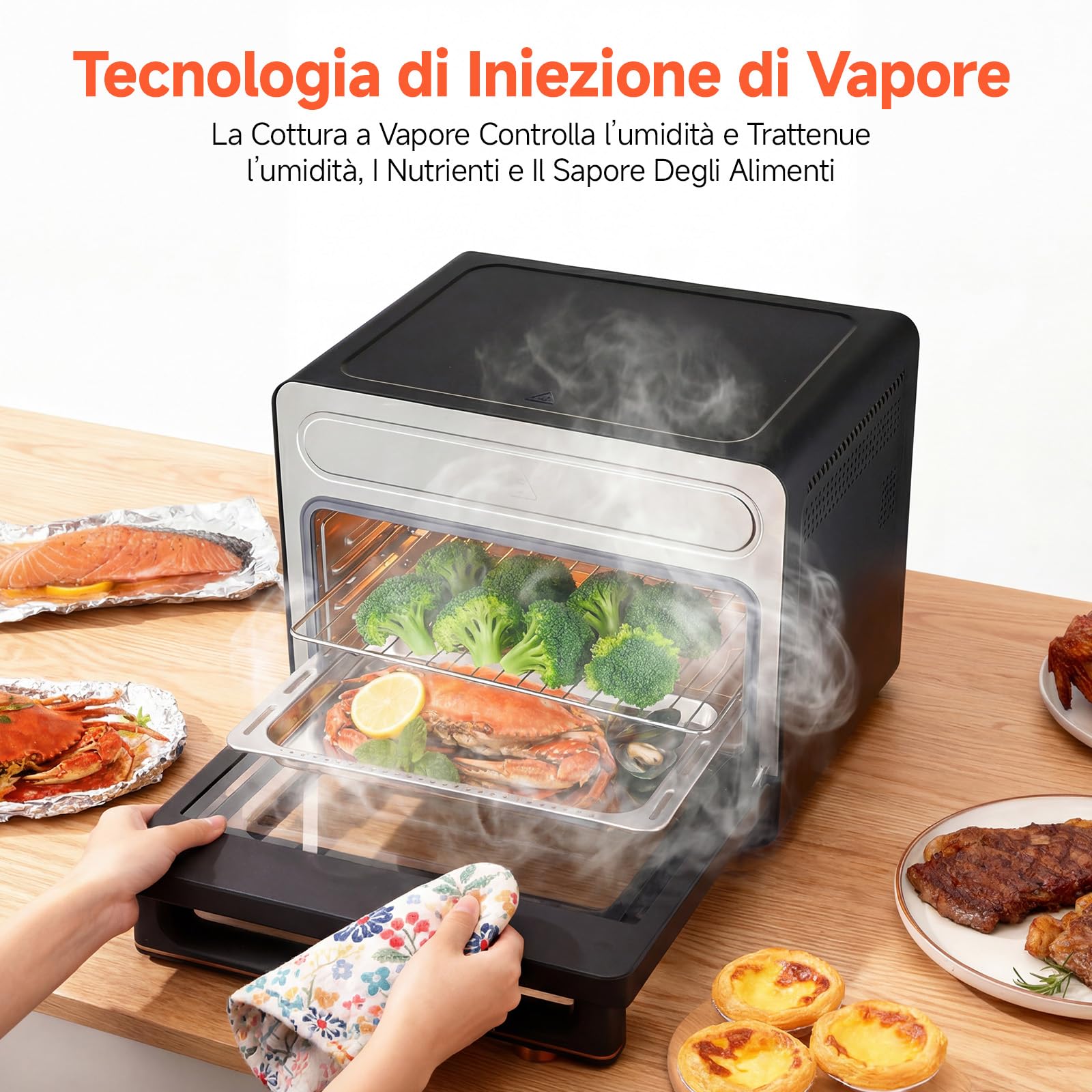 OUNIN 24L Forno Multifunzione, 11 in 1 Forno Pizza e Forno a Vapore, Cottura su Due Ripiani, Ventilazione 360°, 1600W, per Pizza, Lasagne, Arrosti, Pane, Frittura di Mare e Verdure al Vapore