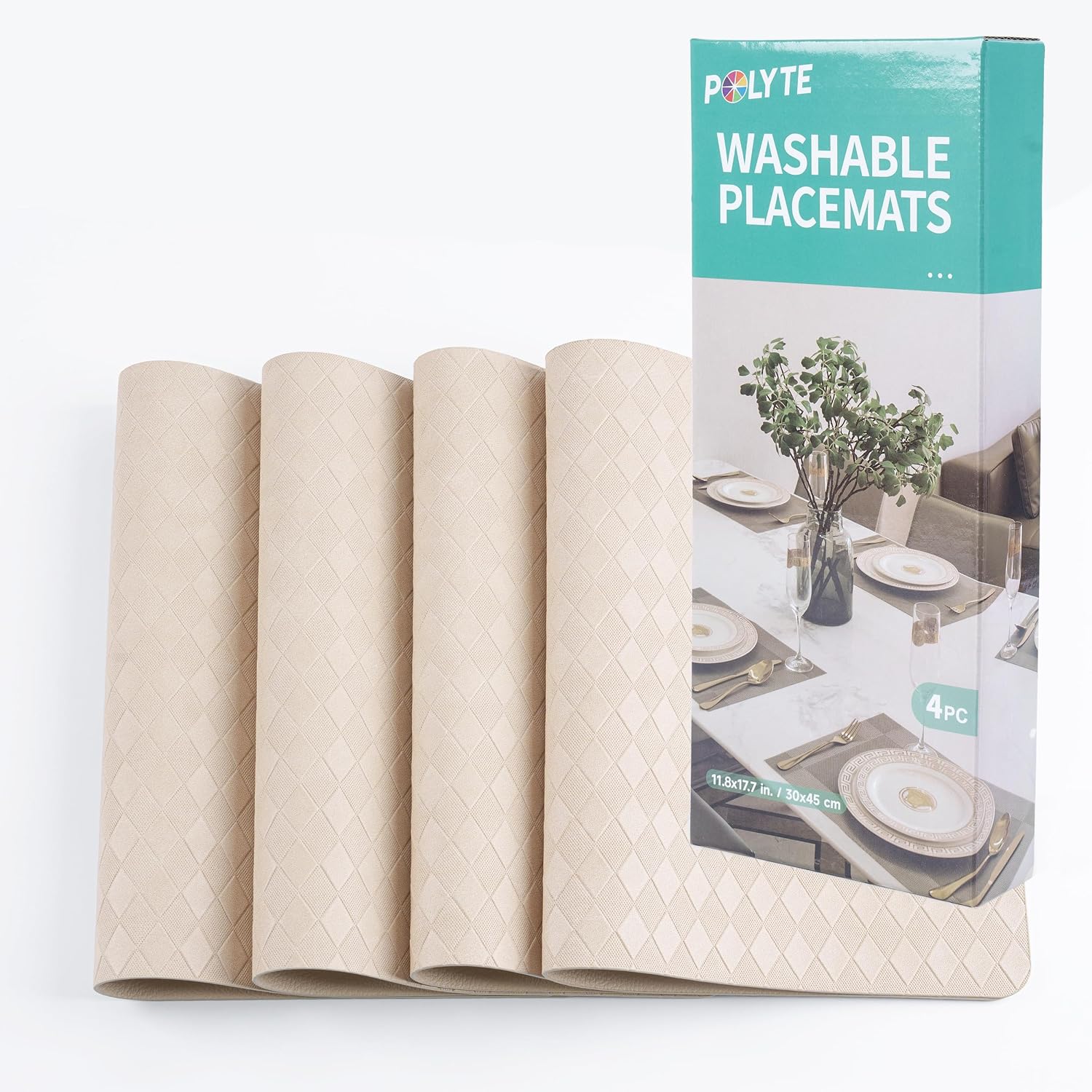 POLYTE Indoor/Outdoor Washable Geometric Vinyl Faux Leather Table Dining Placemats, Set of 4