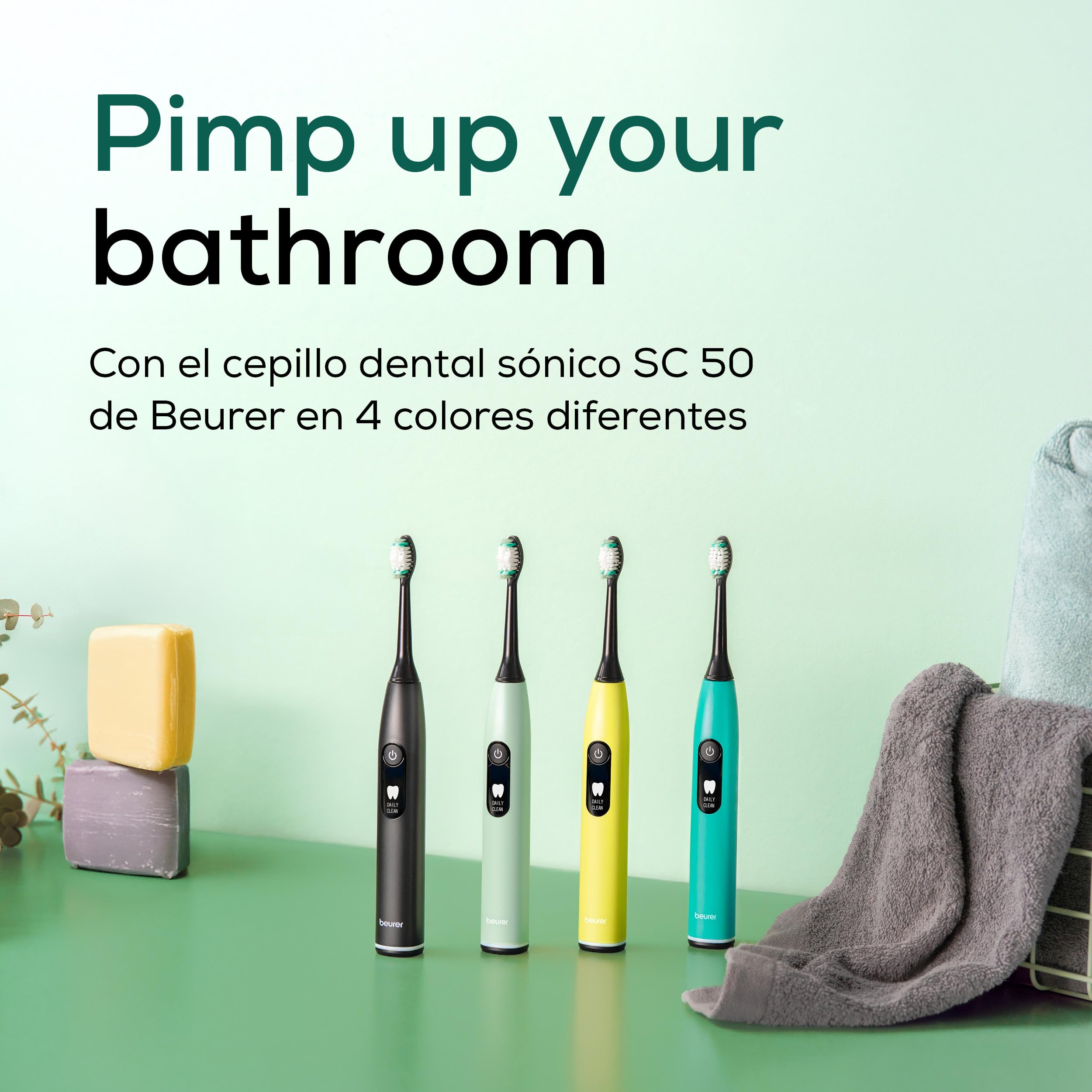 Beurer SC 50 Ocean Breeze Cepillo de dientes sónico eléctrico, 5 modos de cepillado y sensor de presión, 80.000 vibraciones, pantalla con indicador de tiempo de cepillado, 2 cabezales de recambio