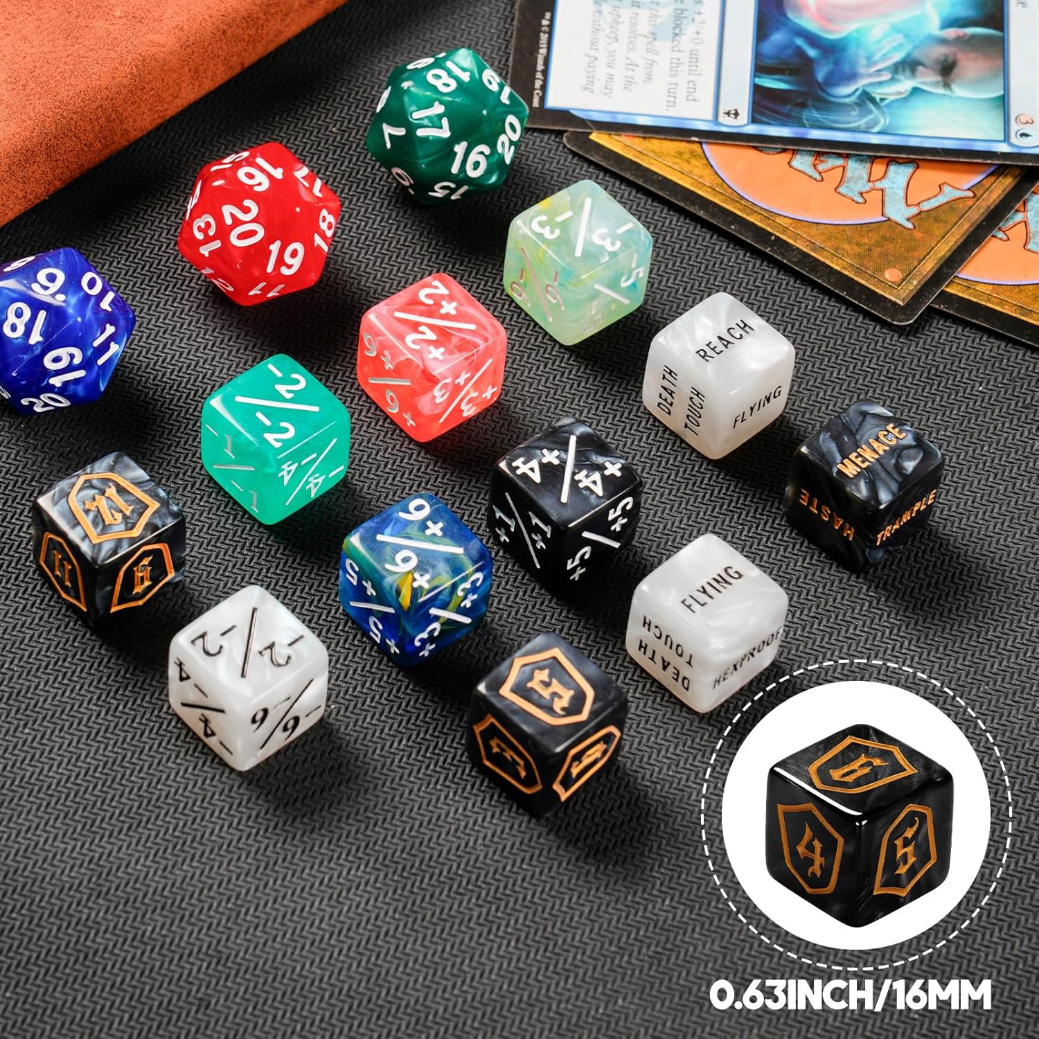 63 PCS MTG Dice Set with Shield Life Counter (1–12), Keyword Ability Counters, +1/-1 Stat Modifier Dice in 6 Colors, D20 & Storage Bag
