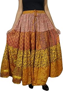 Womens Gypsy Long Skirt Yellow Boho Sari Swing Flare Tiered Maxi Skirts L