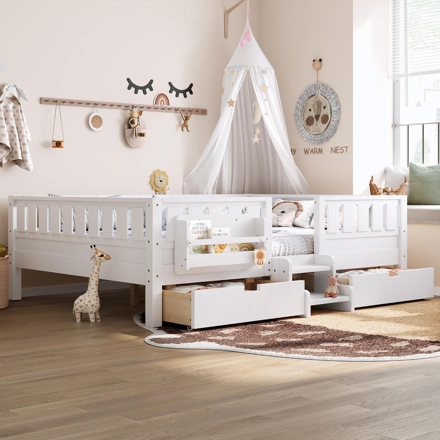 Bellemave Queen Size Bed with Slats and Stairs, Queen Size Platform Bed Frame with Fence, Bookshelf and Storage Drawers, Easy Assemble Beds for Girls, Boys, White