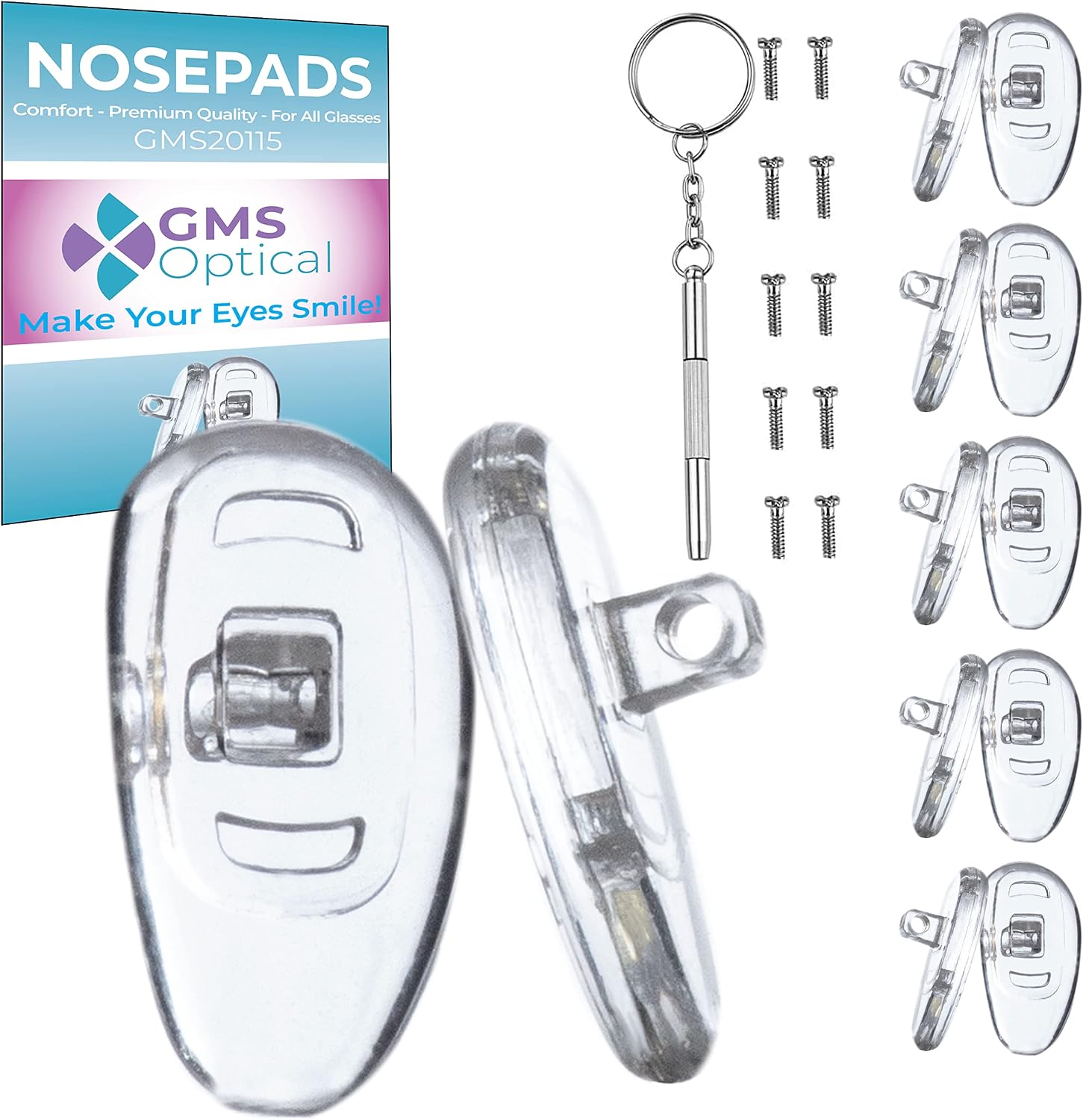 GMS Optical Soft Silicone D-Shaped Screw-in Nose Pads for Glasses, Sunglasses, and Eye Wear - 15mm (5 Pair)