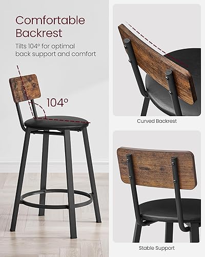 Miniatura 7 de VASAGLE Taburetes de bar, juego de 2 taburetes de desayuno tapizados de poliuretano, taburetes de bar de 29.7 pulgadas con respaldo y reposapiés,