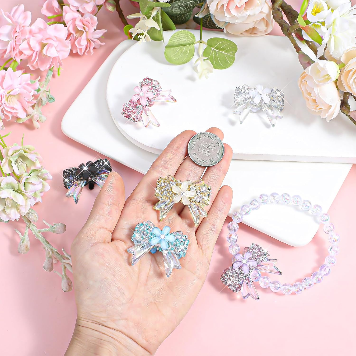 Rhinestone Bows Beads for Pens, Keychain Making Kit, 6PCS 38×32 mm Large Crystal Rhinestone Bead Bulk DIY Suppliers, Focal Beads for Pens, Candy Sparkle Bling Ball Bead Bulk - Image 6