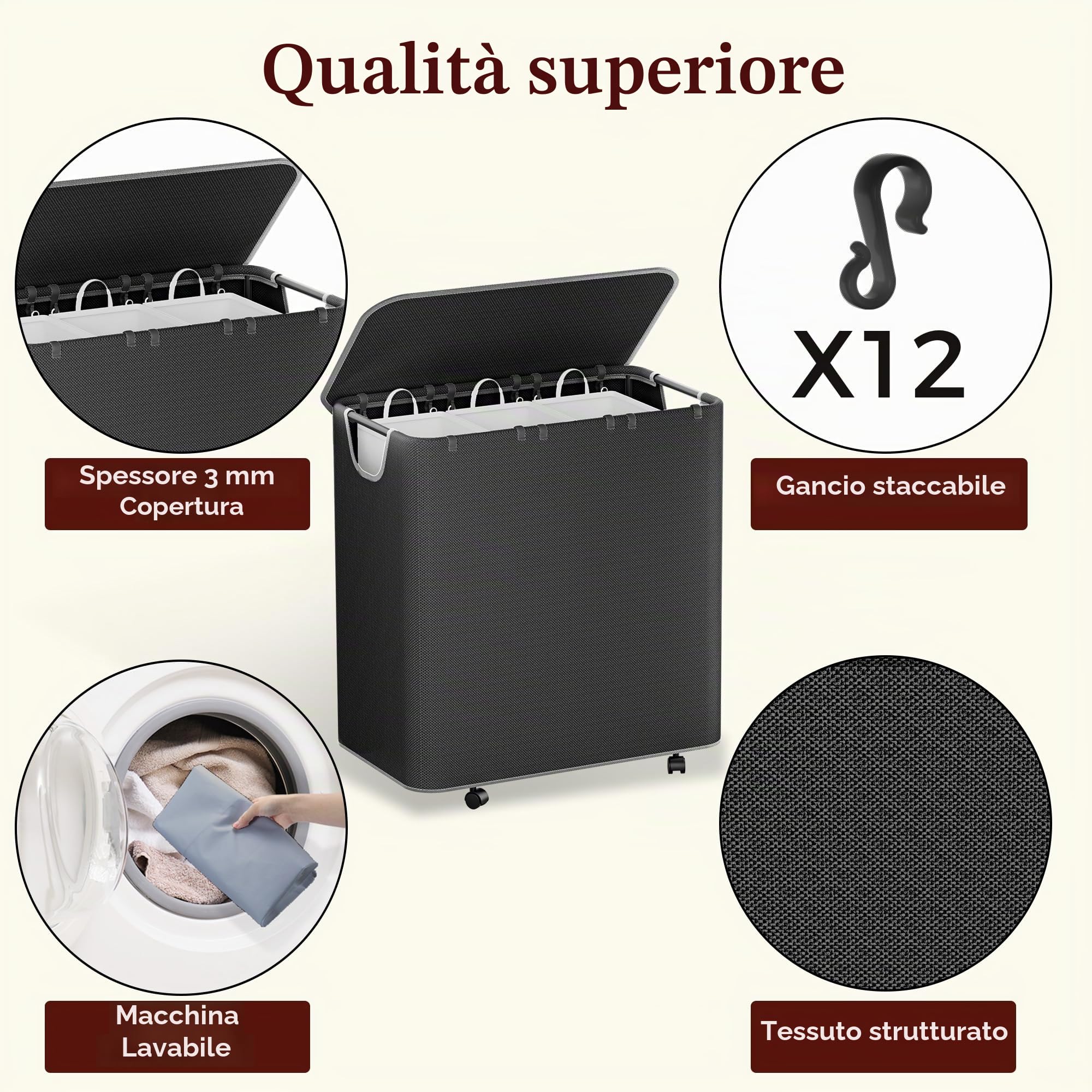 LAMU Cesto portabiancheria a 3 scomparti, cesto portabiancheria da 180 l, con coperchio, 3 scomparti e 6 sacchetti per la biancheria, rimovibile, montaggio rapido, per bagno, camera da letto