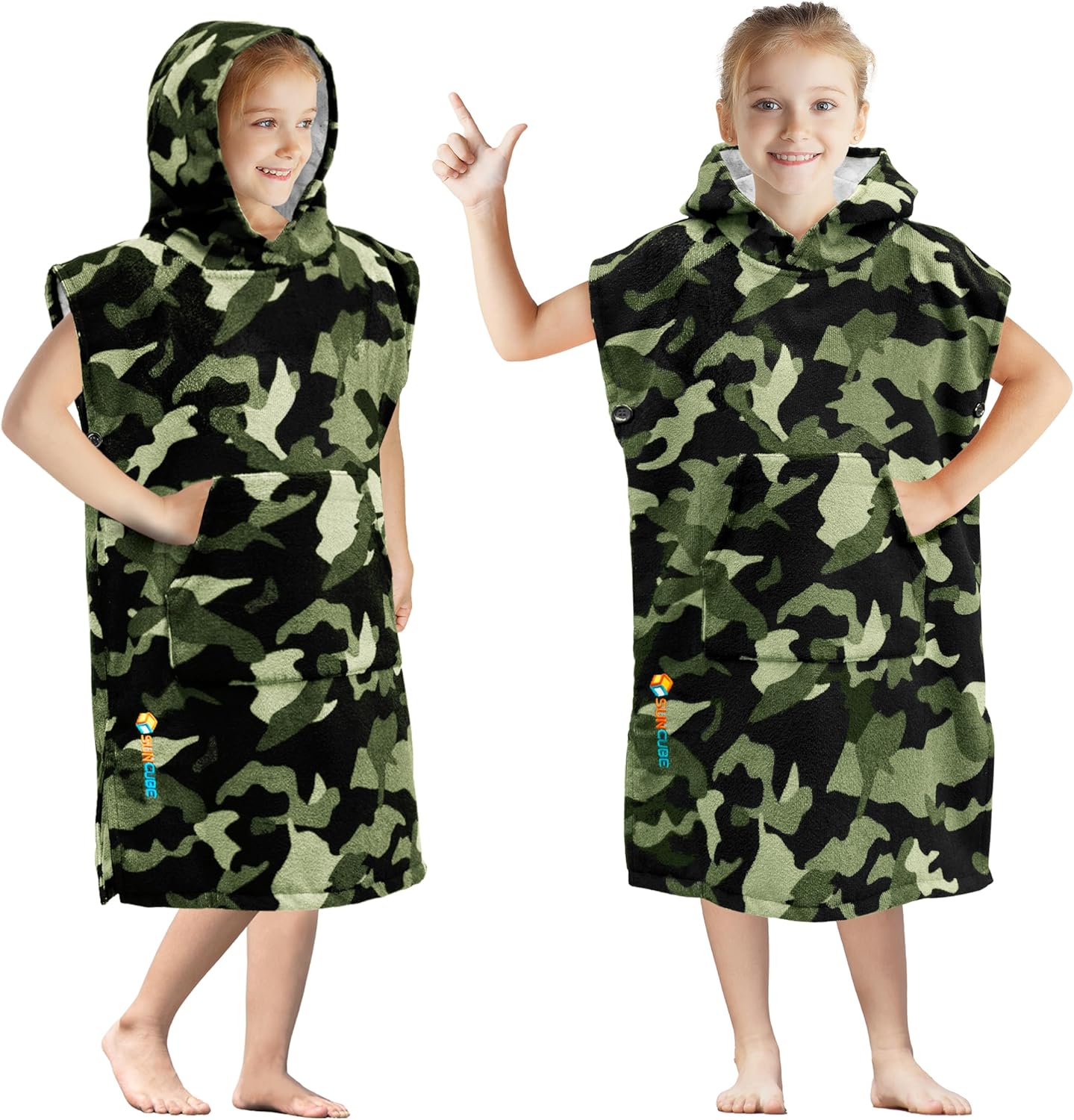 SUN CUBE Kids Changing Robe Surf Poncho, Kids Beach Towels for Teens, Microfiber Hooded Wearable Swim Towel Boys Girls Teenagers