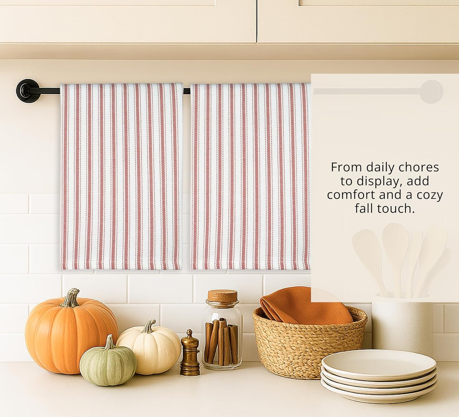 PurpleEssences Rust Stripe Kitchen Towels - Set of 6, 18x28 Inch - 100% Cotton, Absorbent & Reusable Dish Towels with Hanging Loop French-Inspired Style - Spring Easter Summer - Rust - Image 2