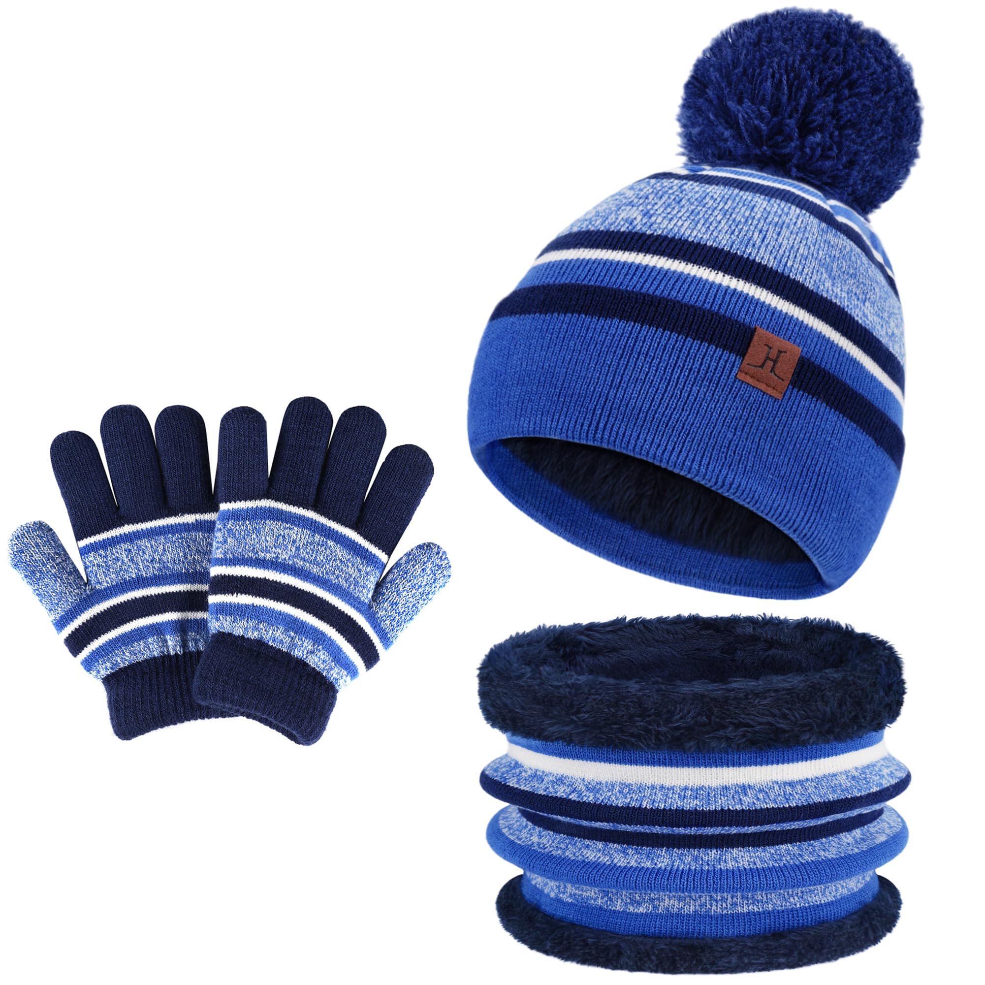Bequemer Laden Enfants Hiver Tricoter Chaud Bonnet Chapeau Echarpe Gants Ensemble pour Garcon Fille 2-7 Ans avec Doublure Polaire Pompon