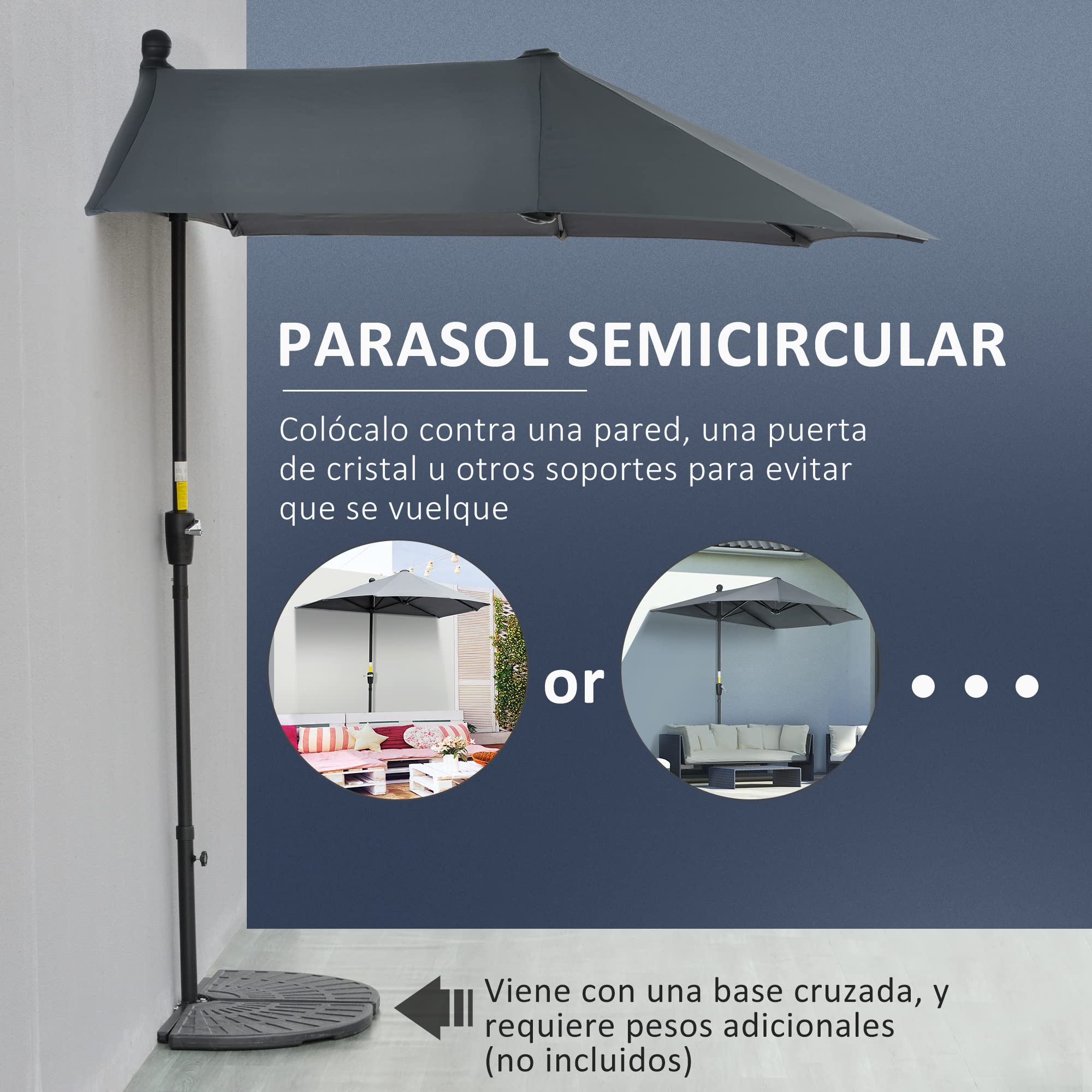 Outsunny Sombrilla de Pared Jardín con Manivela 200x190x240 cm | Parasol de Terraza, Poste de Acero, Base Cruzada, Anti-UV, para Terraza Balcón
