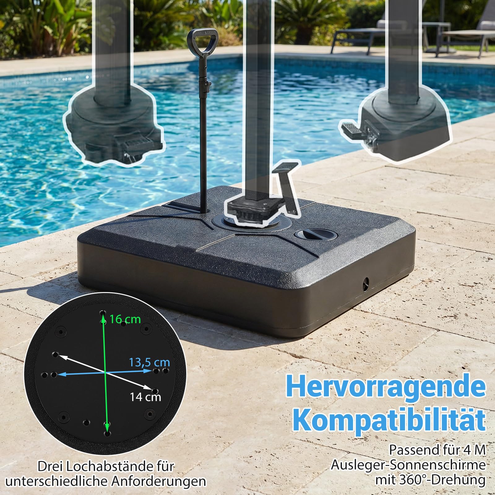 COSTWAY Sonnenschirmständer mit Rollen & Zugstange, befüllbar mit 110 L Wasser oder 130 kg Sand, Schirmständer für große Ampelschirme, Ampelschirmständer für Garten, Terrasse