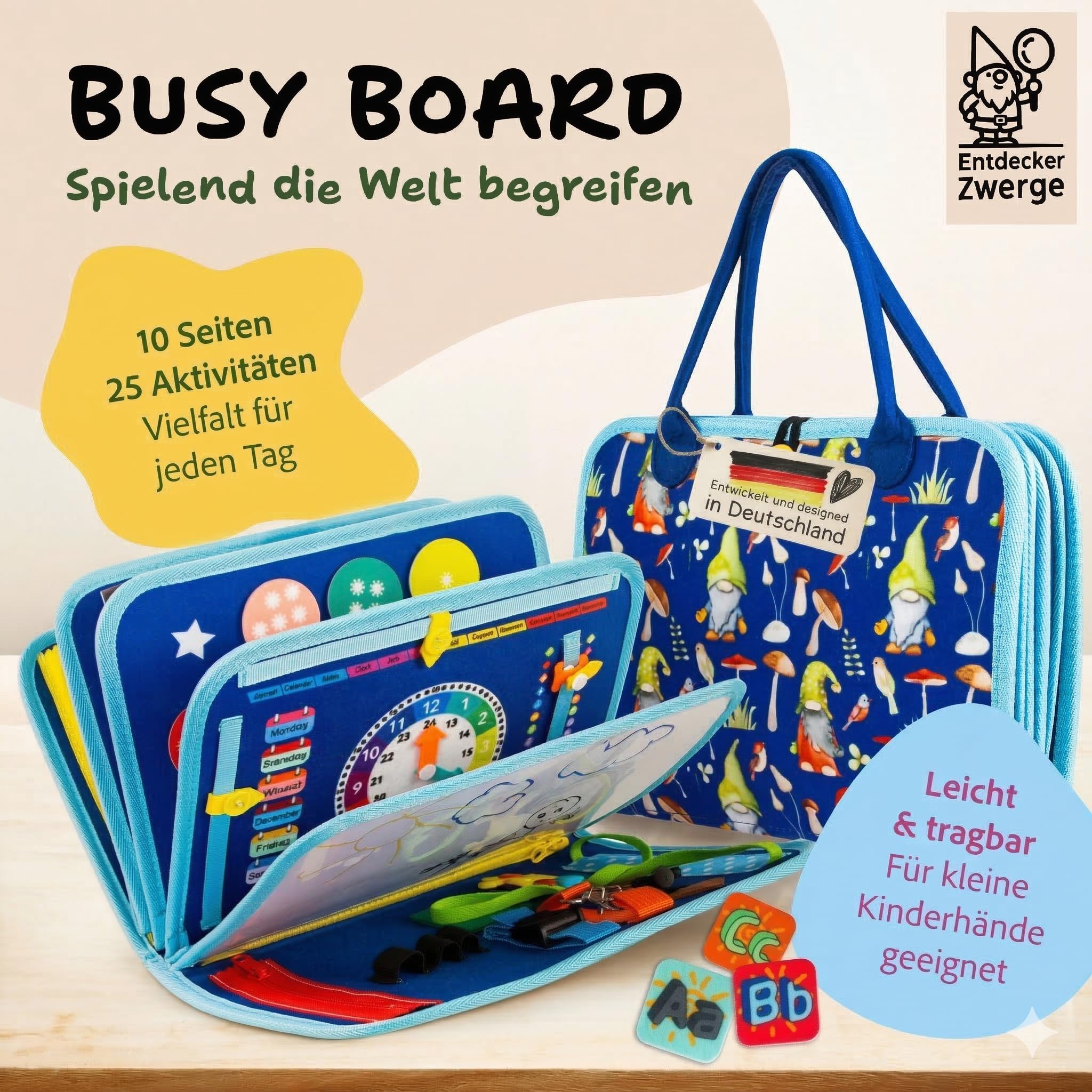 Montessori Busy Board ab 3 Jahre - Lernspielzeug mit deutschen Inhalten - Busy Book mit 25 Aktivitäten - Motorikspielzeug - Activity Board für Kinder - Reisespiel - in Geschenkbox