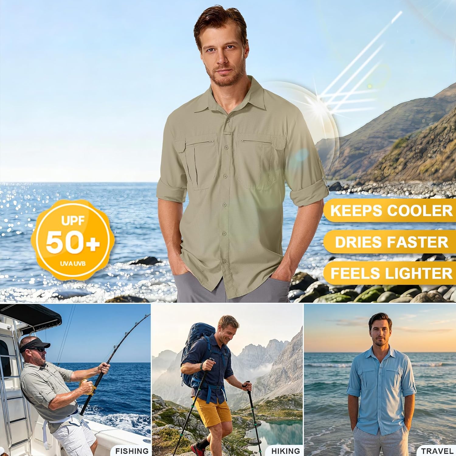 Men's Sun Protection Safari Fishing Shirts Long Sleeve UPF50+ UV Quick Dry Lightweight Cooling Hiking Travel