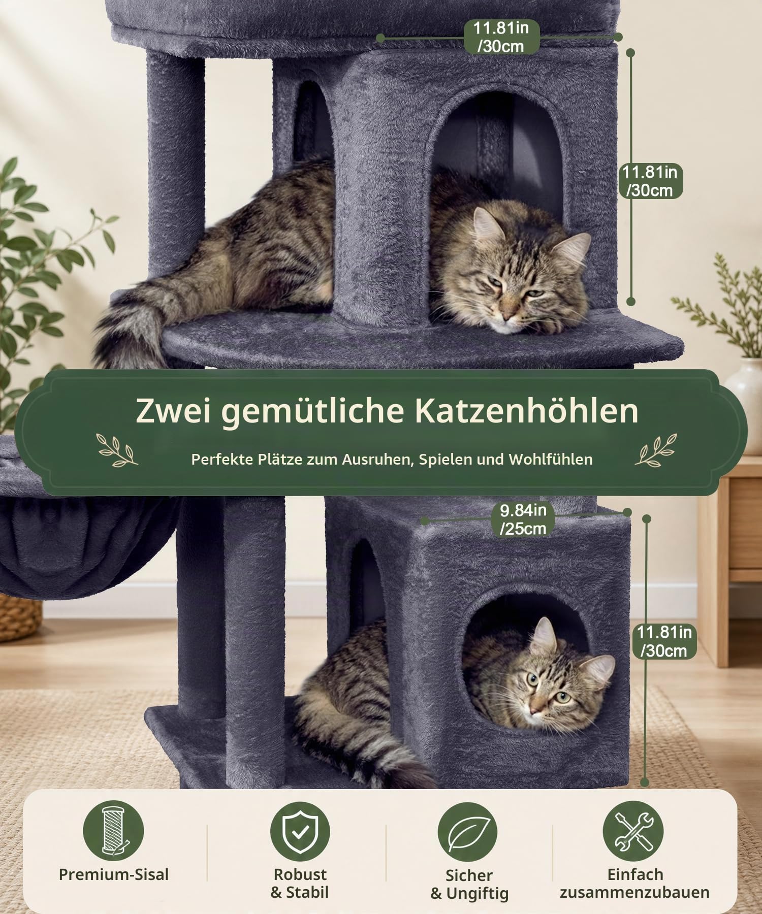 Kratzbaum, 173 cm hoch, Katzenbaum für große Katzen | XL Mehrstöckiger Katzenkratzbaum mit 2 Gemütliche Höhlen, 2 Plattformen, Korb, Kratzbrett, Sisal Kratzbaum, Plüschbälle