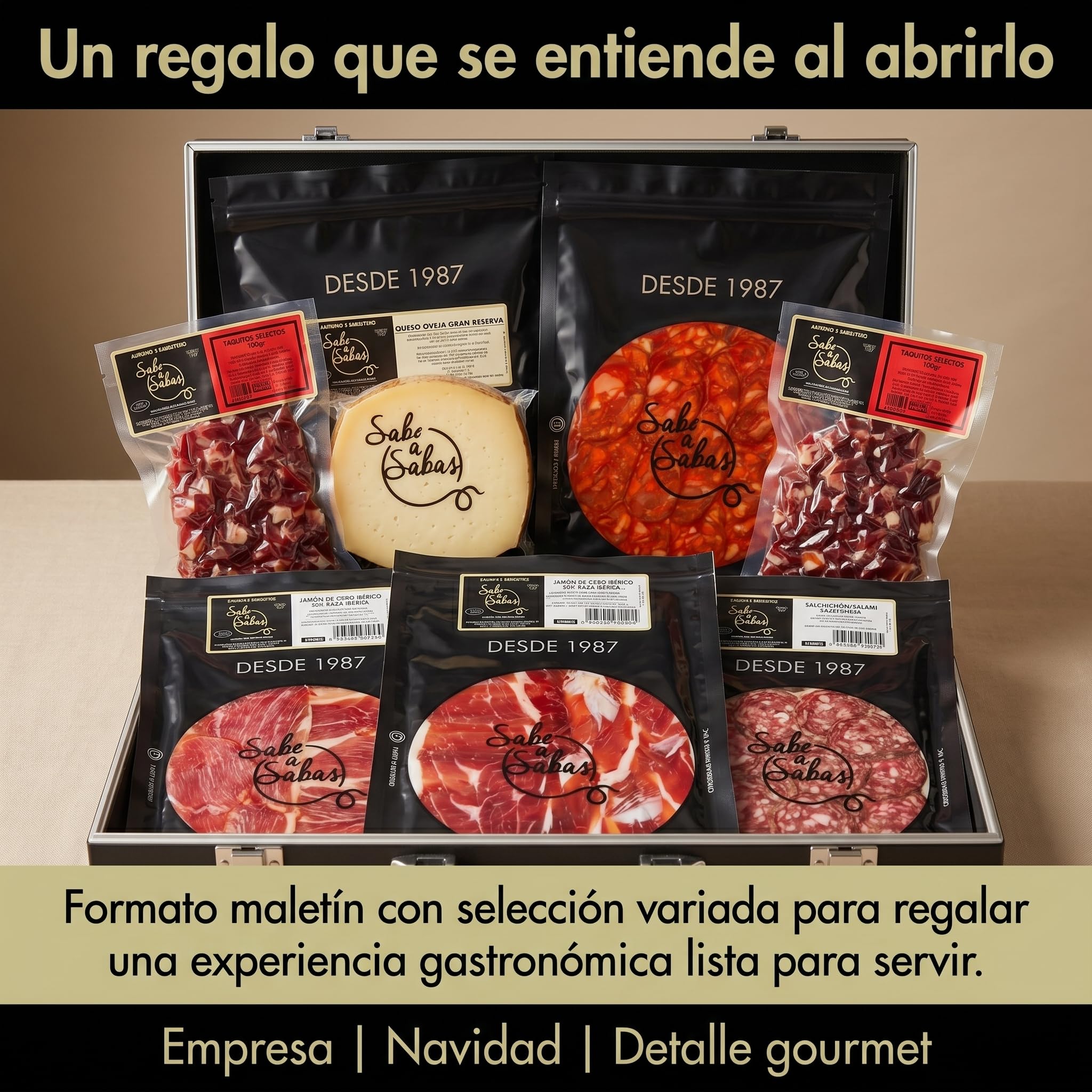 SABE A SABAS Cesta de ibéricos 4 sobre de jamón ibérico 4 de salchichón 4 de chorizo 4 de lomo 2 sobre de taquito iberico 4 sobres cortados a tapitas queso Curado de Oveja todos de 100 gr