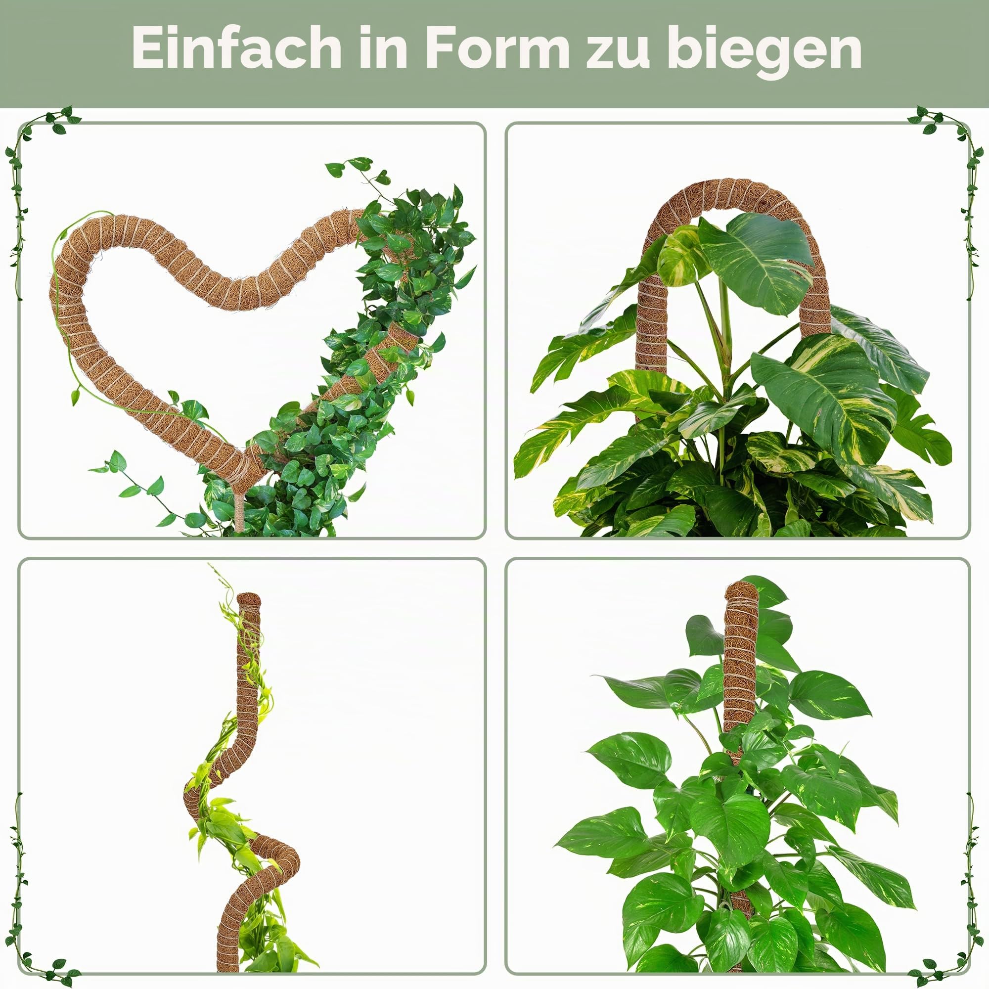 K-Brands 160 cm Moosstab für Monstera 2 Pack Biegsame Kokosfasern Pflanzenstütze für Kletterpflanzen -Rankhilfe für Monstera - Rankhilfe Blumenstab - Pflanzstab mit 3 m Pflanzenbinder