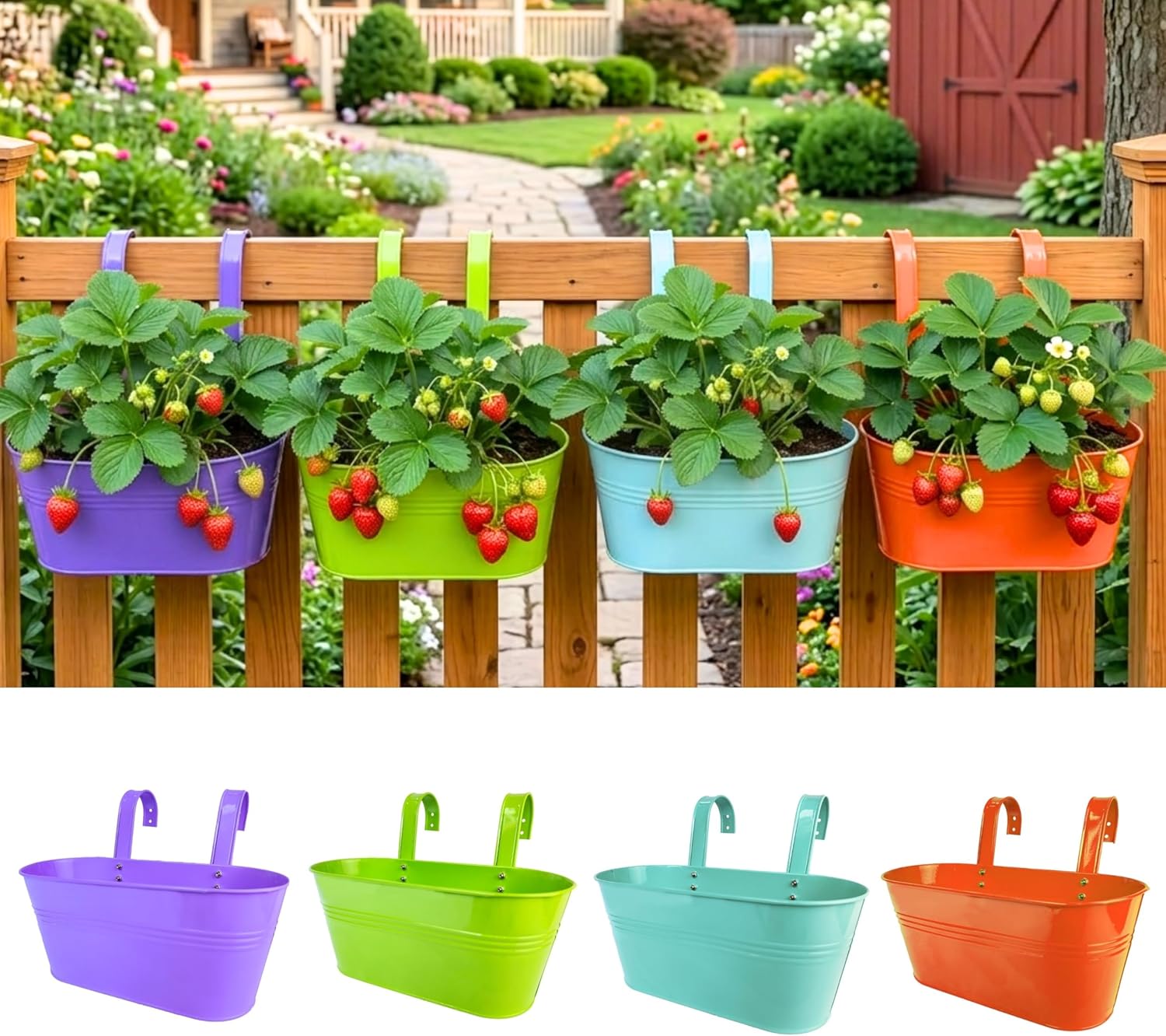 LaLaGreen Rail Planter (11.8 Inch, 4 Pack) Colorful Metal Hanging Flower Pots Railing Fence Balcony Gardening for Apartment Patio Planters Modern Garden Style Iron Outdoor Decoration Porch Decor