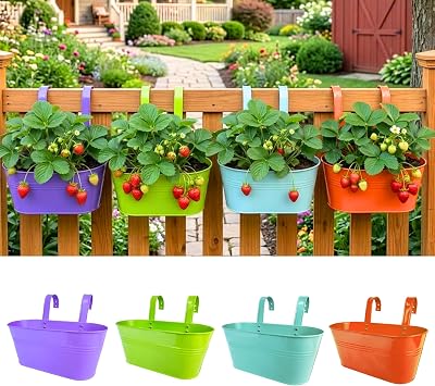 LaLaGreen Rail Planter (11.8 Inch, 4 Pack) Colorful Metal Hanging Flower Pots Railing Fence Balcony Gardening for Apartment Patio Planters Modern Garden Style Iron Outdoor Decoration Porch Decor