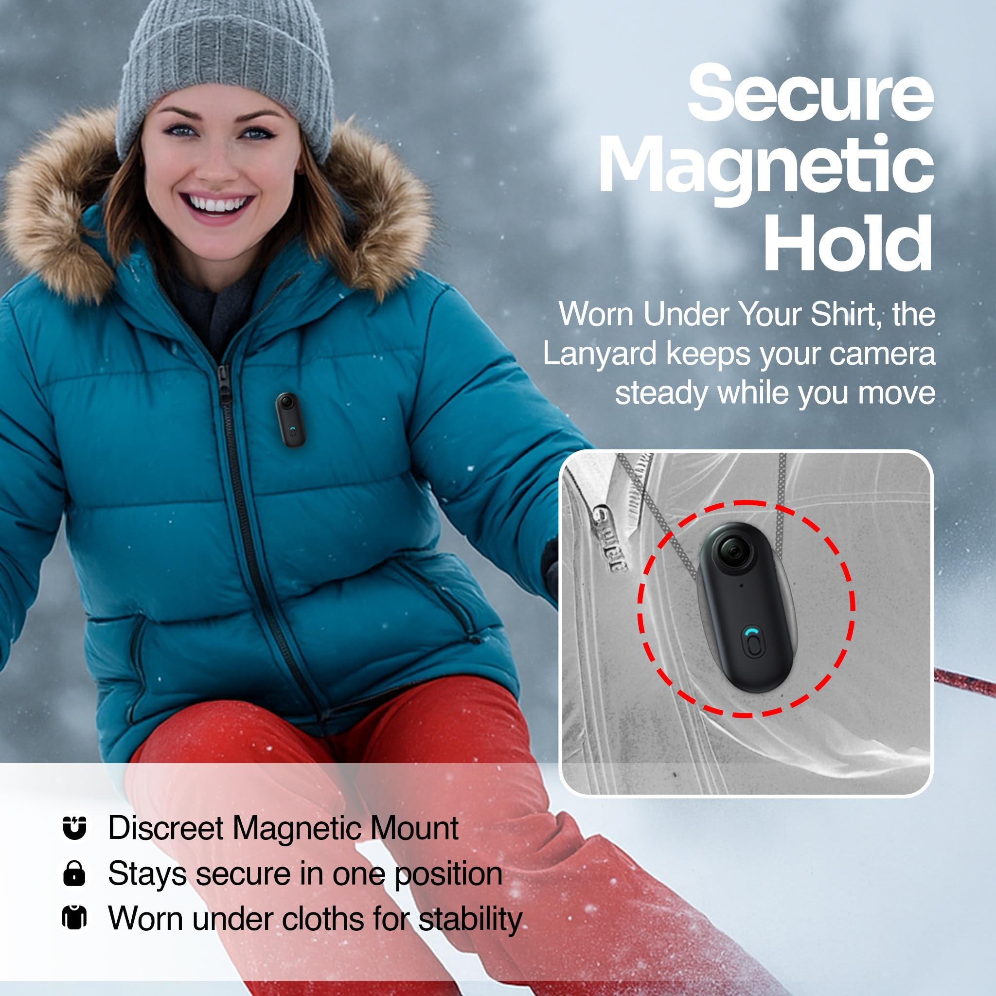 TIROL SUPPLIES Mini telecamera POV 4K UHD con cordino magnetico, registrazione MP4, visualizzazione app, ricaricabile tramite USB, supporto portatile compatto ovunque per ciclismo, escursionismo