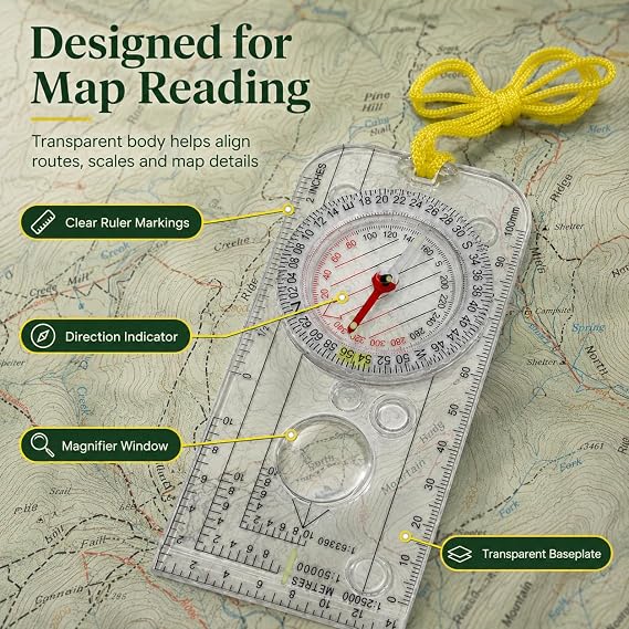 Hiking Compass, Navigation Compass | Navigation Compass, Adjustable Declination, Rotatable Housing, Map Reading, Hiking, Orienteering, Survival