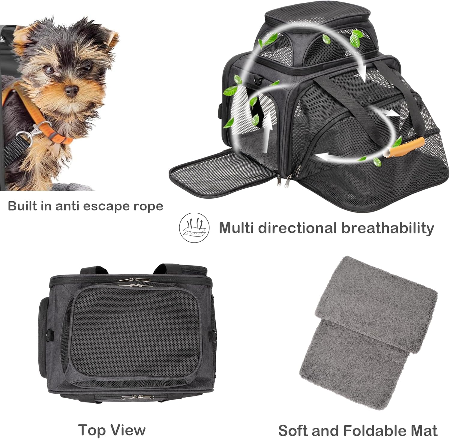 JUNGYOON Cat Carrier, Expandable Airline-Approved Soft-Sided Pet Travel Bag for Cats, Small Dogs & Small Pets, Breathable Mesh Design with Multi-Pockets & Fleece Pad (Dark Grey)