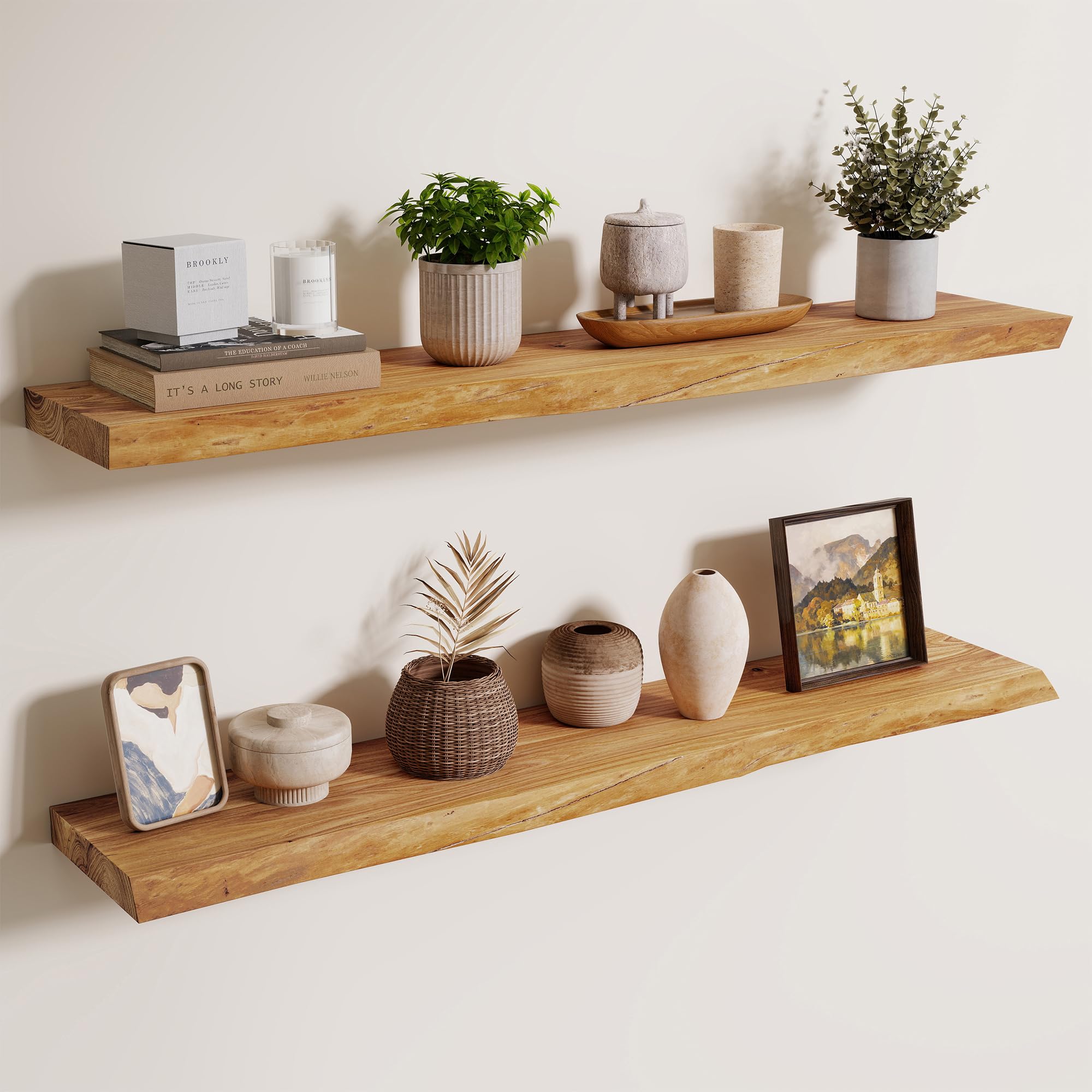 100cm Floating Shelves for Wall - 20cm Depth Live Edge Rustic Elm Wood Floating Shelves Wall Mounted, Wall Shelves with Invisible Bracket for Living Room Bedroom Kitchen, 100x20x3.5(Natural, 2PCs)