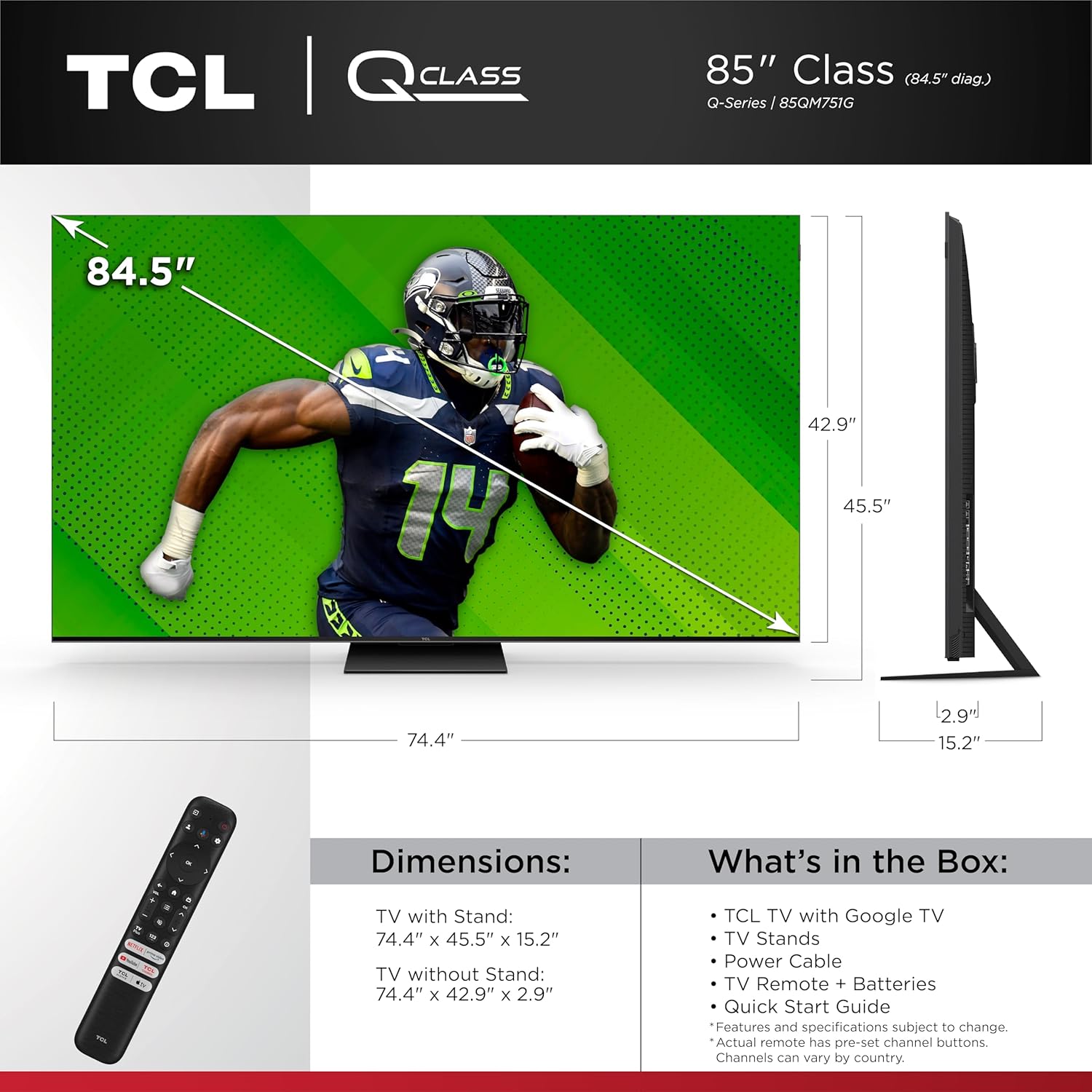 TCL 85-Inch QM7 QD-Mini LED QLED 4K Smart TV with Google TV (85QM751G, 2024 Model) Dolby Vision IQ, Dolby Atmos, HDR, Game Accelerator up to 240Hz, Voice Remote, Works with Alexa, Streaming Television - Image 3