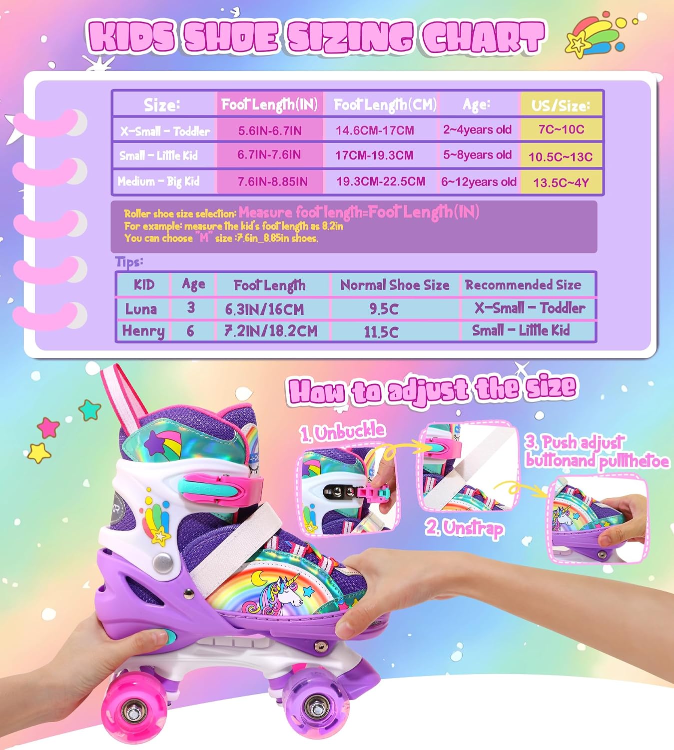 4-Pejiijar Rainbow Unicorn Kids Roller Skates for Girls Toddler Ages 2-4 5-8 8-12,Adjustable Roller Shoes with Luminous Wheels for Birthday Xmas Gifts image 4