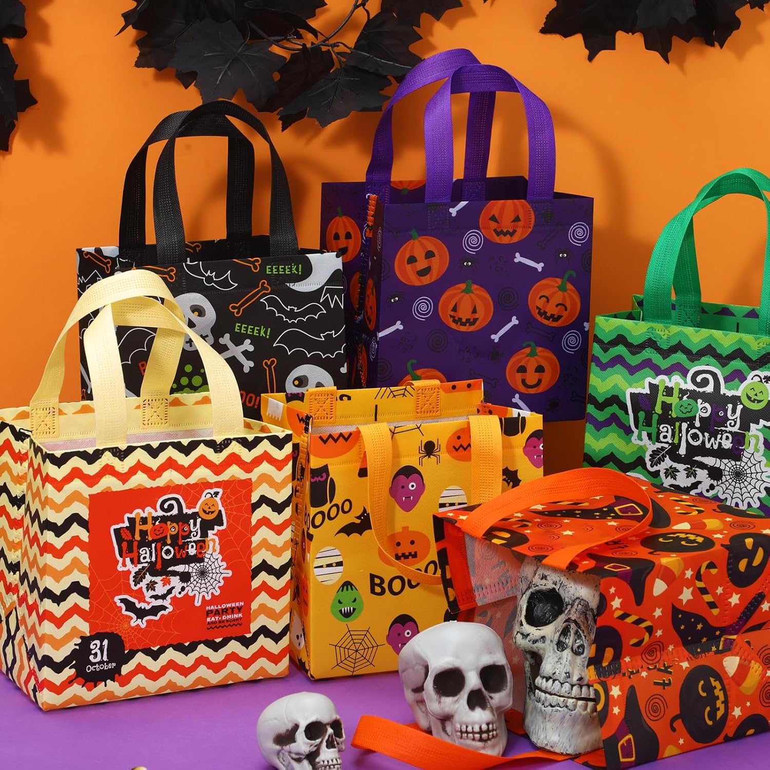 90 Pcs Halloween Tote Bags Bulk Gift Bags Candy Goodie Packaging with Handles Non Woven Packaging for Halloween Party