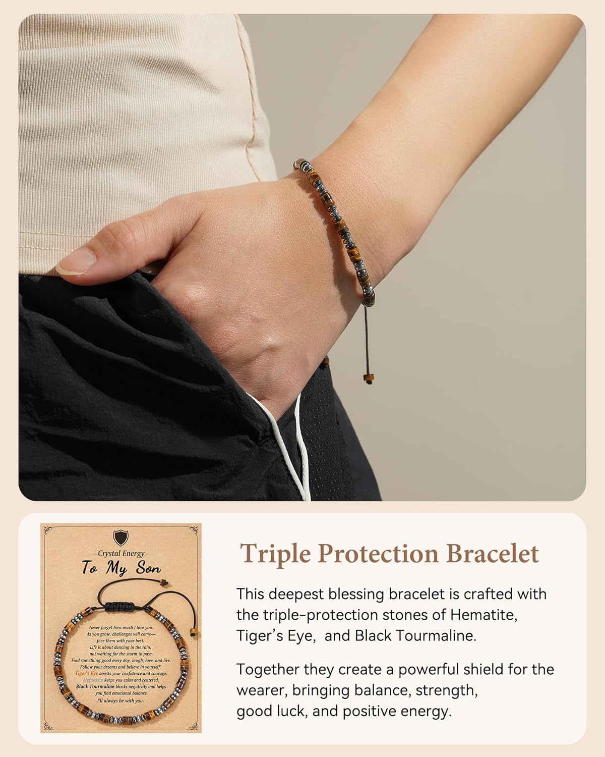 Triple Protection Bracelet with Natural Hematite Tiger Eye Black Tourmaline, Adjustable Healing Crystal Bracelet for Strength Balance Energy, Meaningful Gift with Quote Card - Image 2