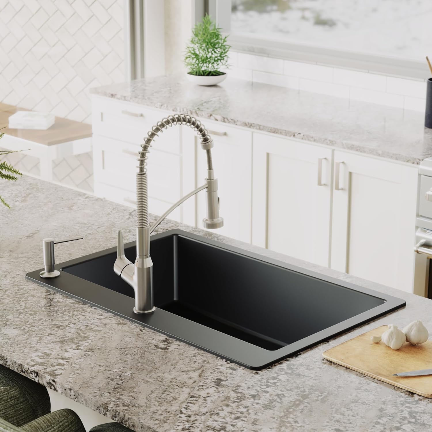 Karran 33" Drop-In Top Mount Quartz Composite Single Bowl Kitchen Sink in Black – Extra Deep 9" Basin, Heat Resistant, Sound Dampening, Easy Clean Surface