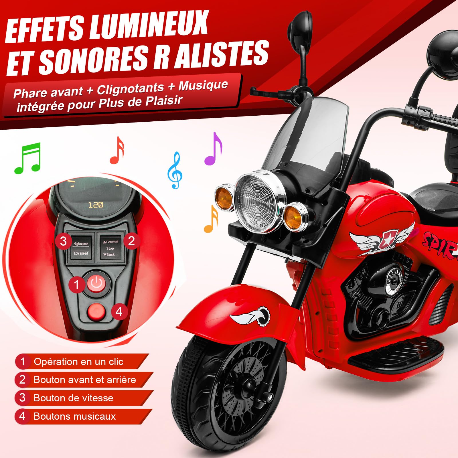 Garvee Moto Électrique Enfants 12V 3 Roues 2 Moteur Scooter pour 3 à 6 Ans