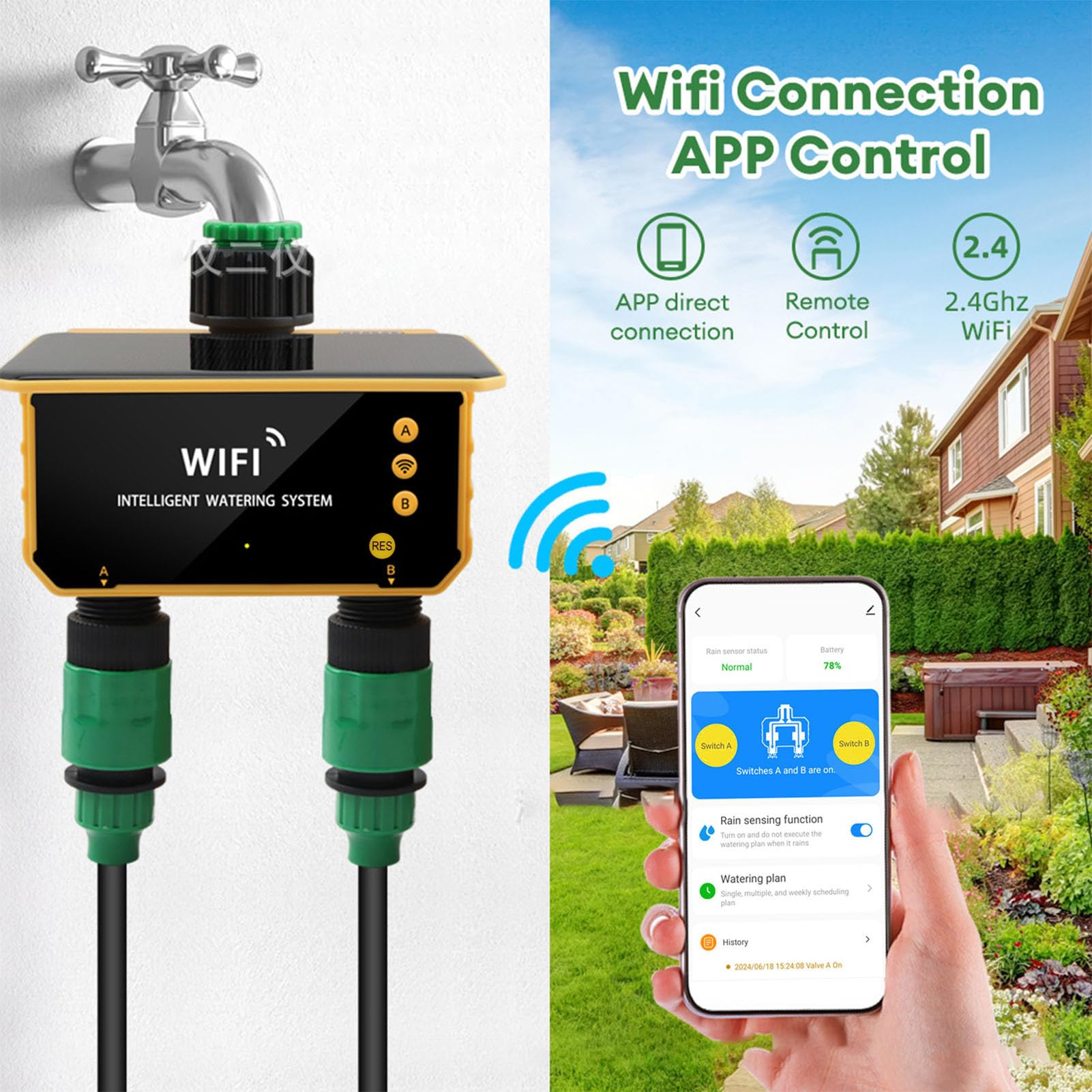 Temporizador de Riego WiFi con Sensor de Lluvia, de Riego Automático de 2 Salidas para Jardín, Balcón y Sistemas de Aspersores por Goteo, Energía Solar con Control de Aplicación y Modo Manual,