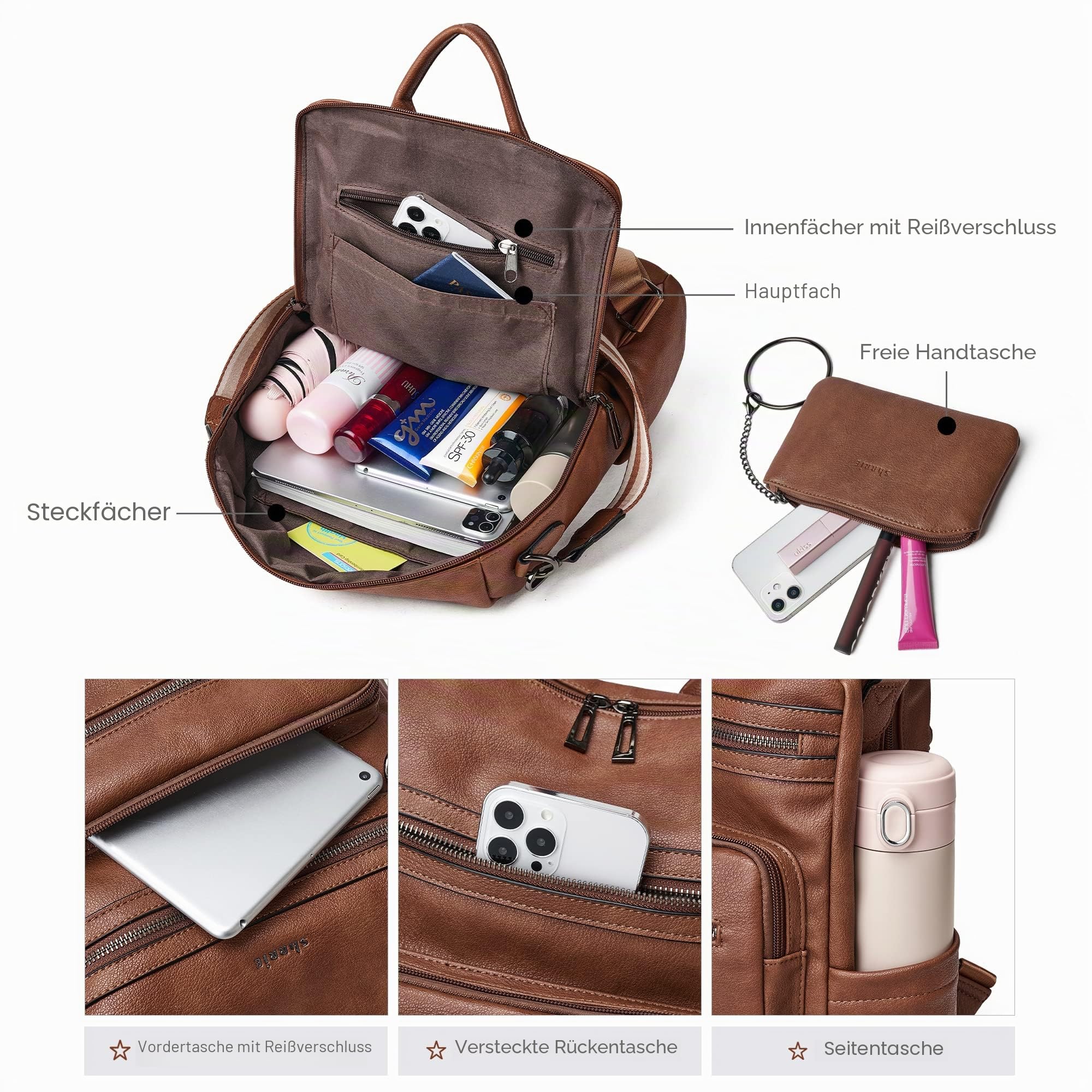 Shrrie Rucksack Damen,Cityrucksack Reiserucksack,PU Lederrucksack Handtasche Rucksack Damen Wasserdicht mit Geldbörse für Freizeit,Büro,Pendeln,Arbeit,Daypack-Ölwachsbraun