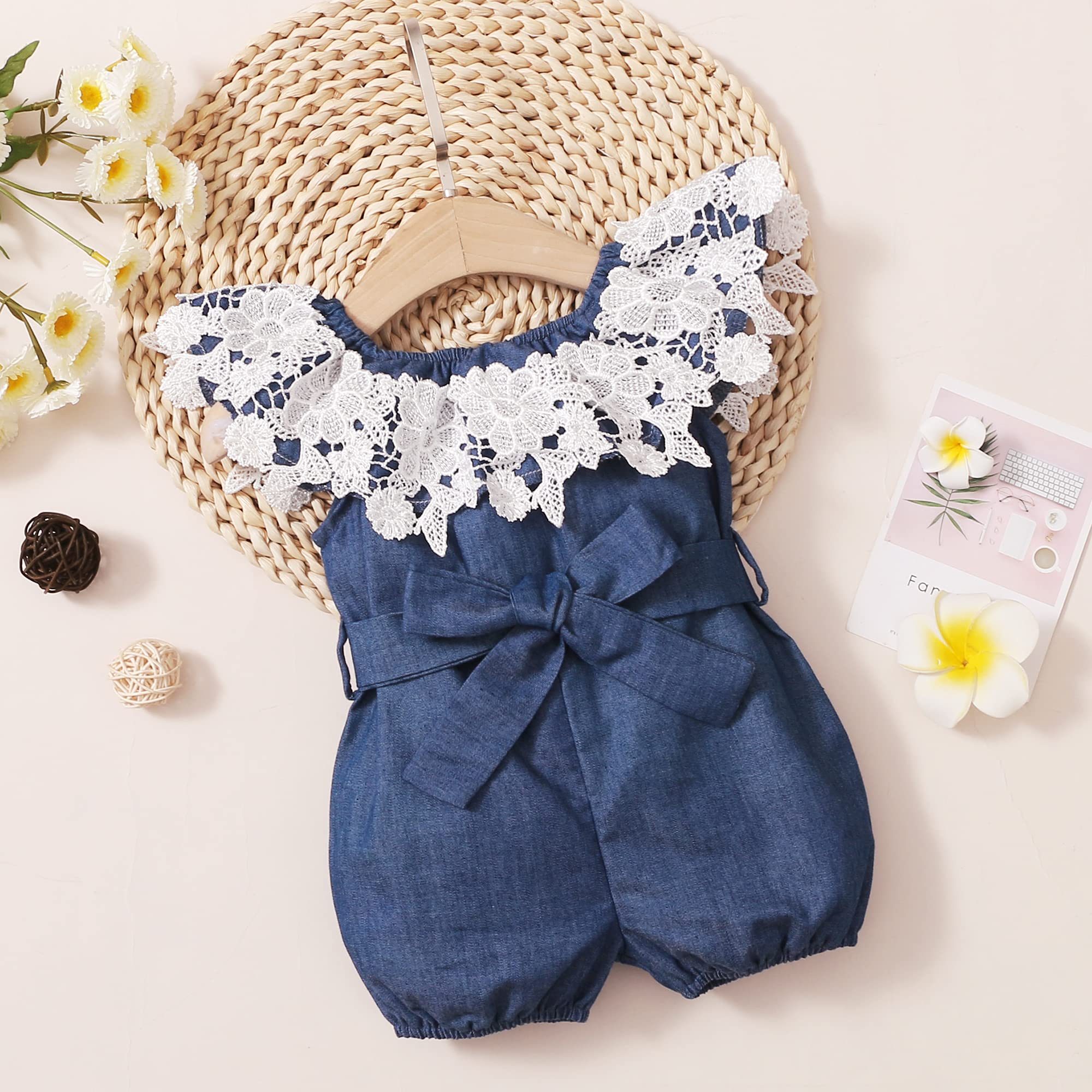 XUANHAO Rompers For Girls Cute Girl Clothes One Piece Ruffle Sleeveless Toddler Denim Summer Outfit Lace Romper Baby Girl 12-18 Months