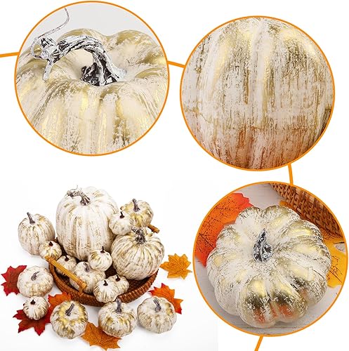 Miniatura 6 de DomeStar 16 calabazas artificiales doradas, calabazas falsas surtidas, calabazas de cosecha de otoño, pequeñas calabazas doradas de imitación para