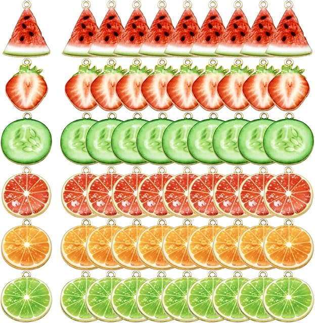 YWNYT 60pcs Fruit Slices Charms, Watermelon Kiwi Strawberry Cucumber Pomelo Dangle Pendants, Resin & Alloy Fruit Food Charms Hanging Ornament for DIY Necklace Bracelet Earrings