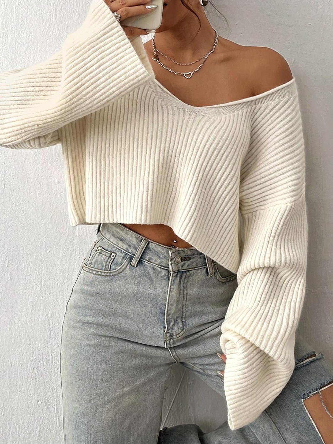 Floerns Women's Long Sleeve Cropped Fall Pullover V Neck Drop Shoulder Rib Knit Sweaters Top - Image 5