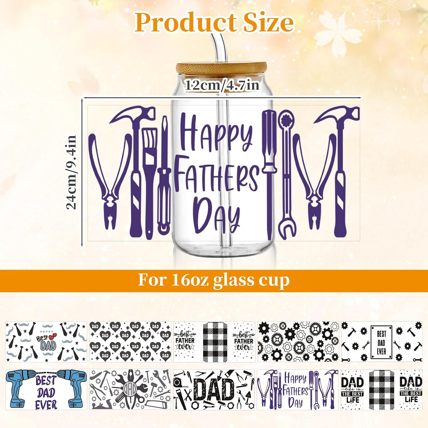 10 Sheet UV DTF Cup Wraps for 16 Oz, DTF Cup Wraps for Glass Cups with Gears Tools Waterproof UV DTF Stickers Father's Day Rub On Transfers for Dad Glass Cups Tumblers DIY Crafts Gifts Decorations
