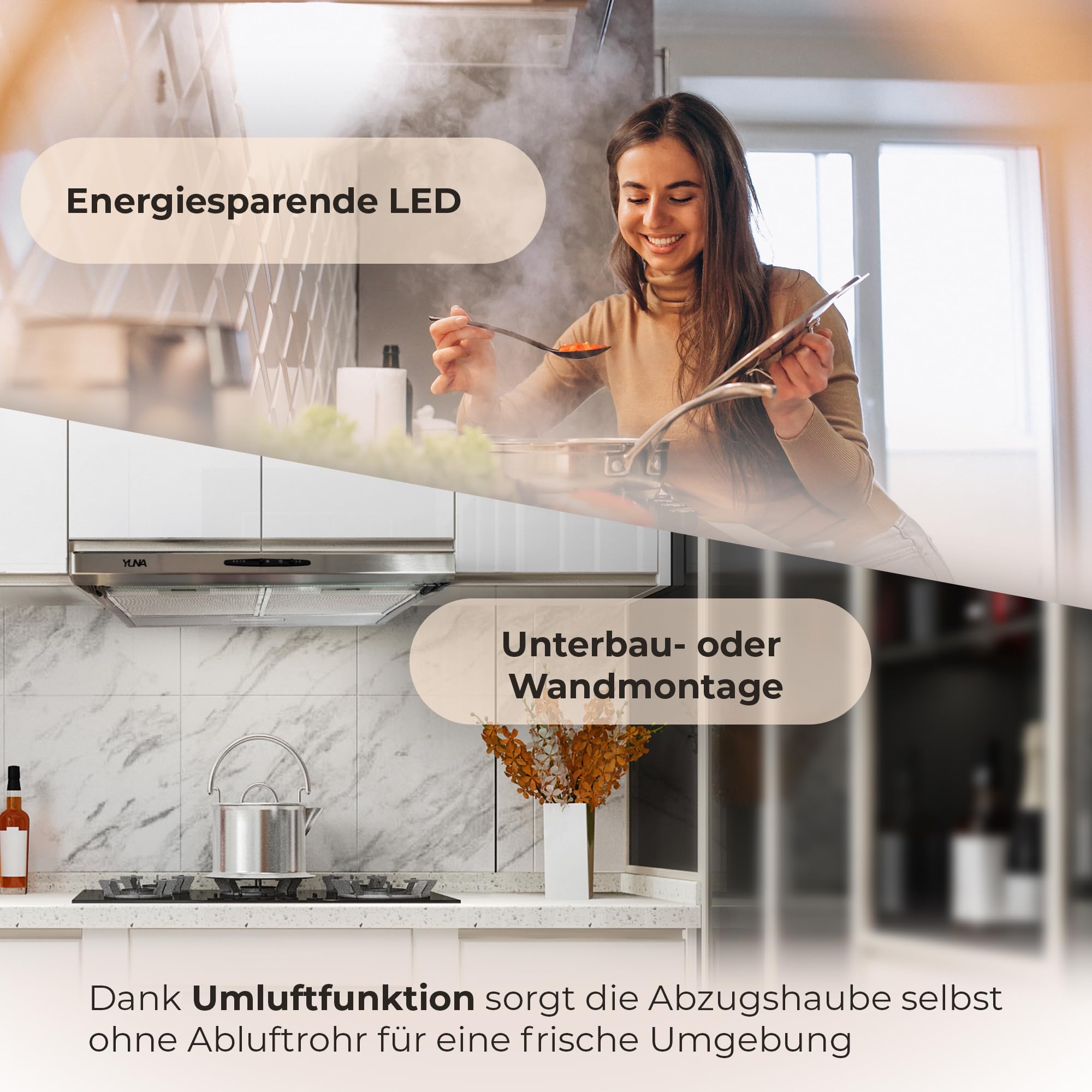 YUNA Dunstabzugshaube Mila KUBH 60205 Edelstahl 60 cm Unterbauhaube Abluft Umluftbetrieb 82W LED