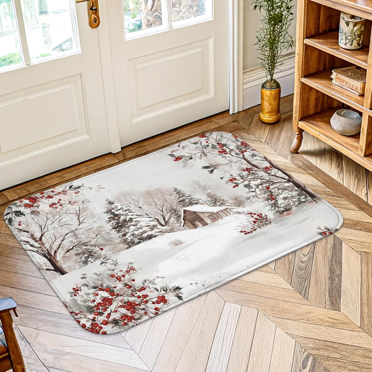 House Area Rug, Winter Cozy Snow Trees Winter White Non-Slip Aesthetic Doormat Rectangle Accents Rug Bathroom Laundry Room Kitchen Entryway Decor 3' X 5'