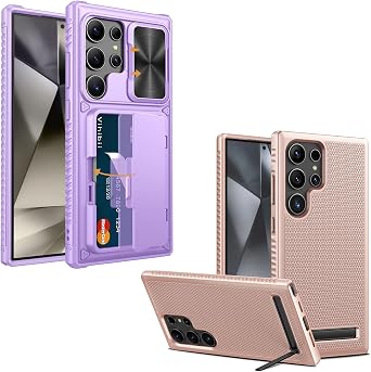 Vihibii for Samsung Galaxy S24 Ultra Case with Card Holder 4 Cards & Camera Cover & Kickstand, Mil-Grade Drop Protection, Wallet Case for Galaxy S24 Ultra 5G 6.8" 2024, Light Purple
